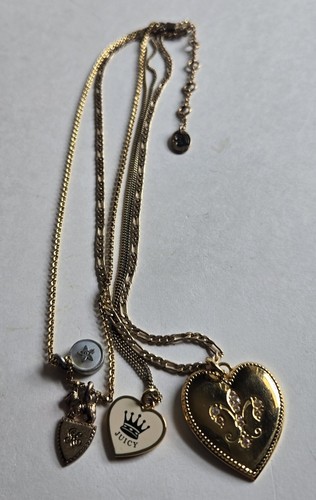 Juicy Couture Tripple 3 Chain Charm Heart Scottie Star Necklace Fleur de Lis 18" - Picture 3 of 15