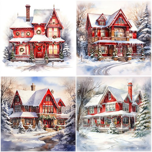 5D DIY Full Round Drill Diamond Painting Snowy Xmas Red House Kit Home ...