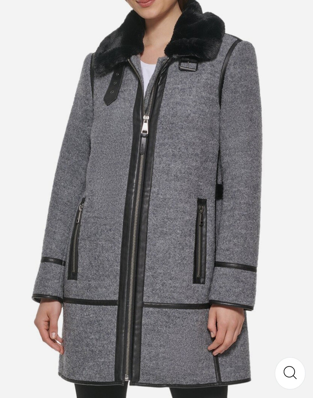 DKNY Women's Gray/Black Boucle Wool-Blend Coat Sz Small - Faux Fur Trim | Long Sleeve image 9