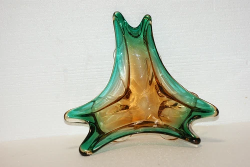 Huge Vintage Murano Aqua Green and Yellow Glass Bowl Retro Mid-century