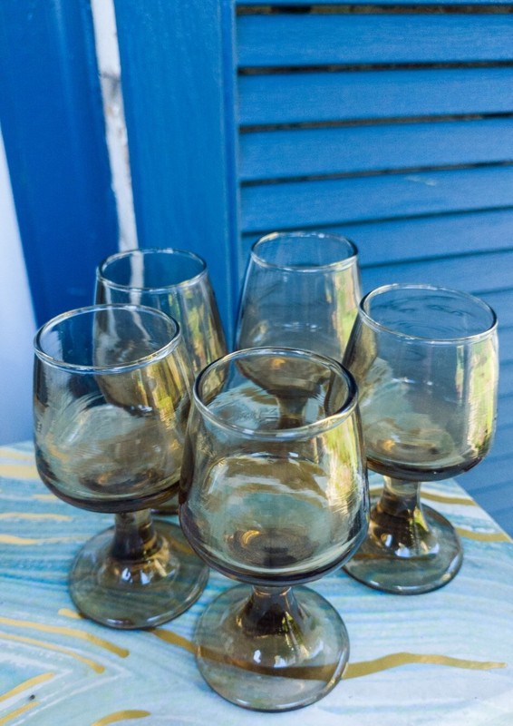 Vintage Smoked Glass Set Of 5 Shot Glasses 3.5 in Cordials Cognac Snifter Style 