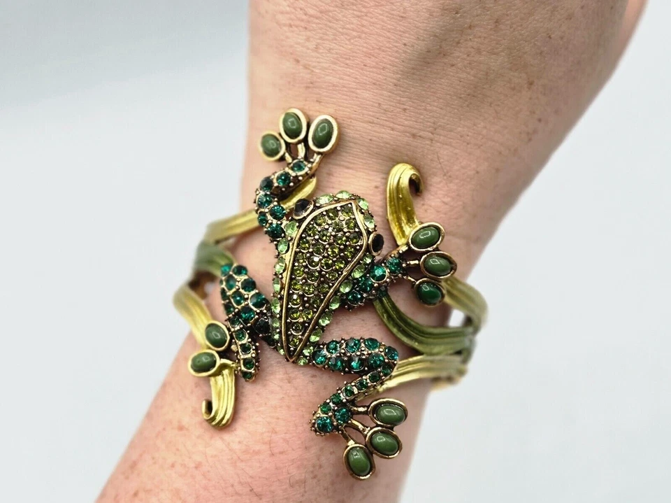 Yuhong Kirks Folly Happy Hopper Green Enamel Rhinestone Frog Cuff Bracelet - Image 2 of 4