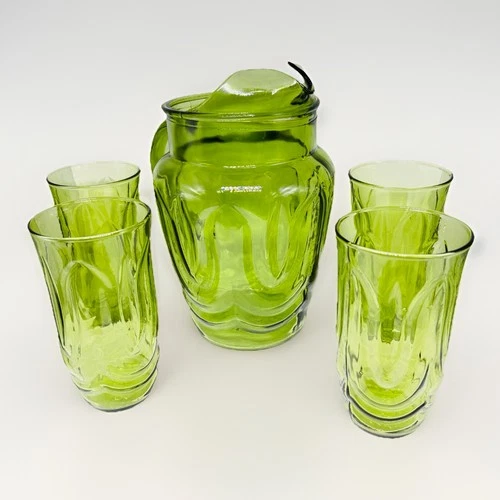 New ListingVTG Anchor Hocking COLONIAL TULIP Avocado Green 64 oz GLASS PITCHER & 4 TUMBLERS