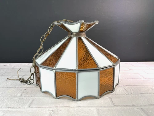 VTG Tiffany Style Stained Glass Slag Lamp/Bar /Pub Style Amber & White - Wired