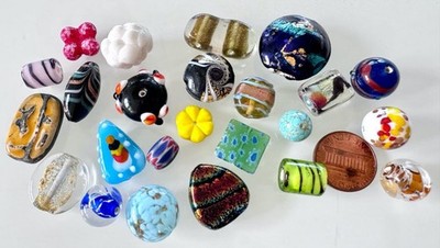 Vintage Fancy Lamp Work Foil Molded Glass Beads Lot 24