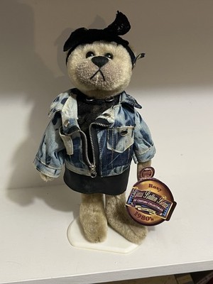 Brass Button Roxy Collectible 1980 Teddy Brown Bear with Denim Jacket and Stand