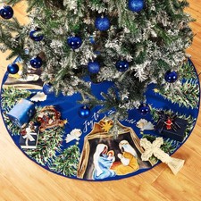 Nativity Christmas Tree Skirt Joy to The World Winter Tree Mat Nativity Scene De