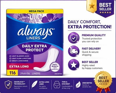 Always Daily Extra Protect Panty Liners, Extra Long Length, Unscented, 116 Count