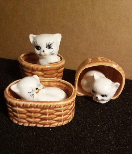 Ceramic Cat Figurines: Lot of 3 White Kittens in Baskets (from a collection)