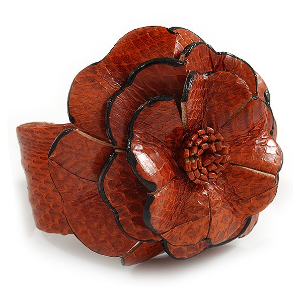 Statement Orange Snake Print Leather Flower Flex Cuff Bangle Bracelet -