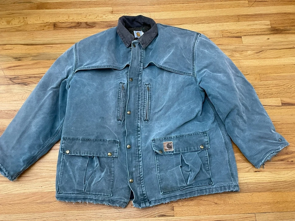 Chaqueta de Trabajo Carhartt Para Hombre 40 Lona Verde Azulado Manta Forrada Cuello Pana De Colección Foto 3 de 4