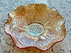Vintage Fenton Marigold Carnival Glass Peacock & Grape 8.5" Ruffled Footed Bowl