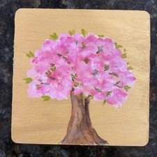Hand painted watercolor original painting wooden coaster cherry blossom