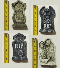 HALLOWEEN DECORATIONS - GRAVE STONES CEMENT 6  RIP TABLETOP GRAVEYARD LOT of 4