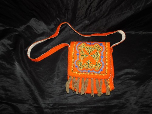 Vtg Orange Wool Felt Purse Shoulder Bag Embroidered Fringe Hippie Boho