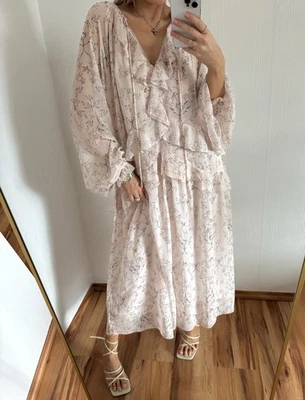 ❤️NEUWERTIG ROSA CHIFFON RÜSCHEN BOHO KLEID BALLONÄRMEL BLUMEN TUNIKA KAFTAN S/M - Bild 1 von 4