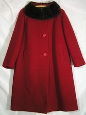 Beautiful Vintage 50's-60's Women's Red Coat Mink Collar Boucl Wool sm/med