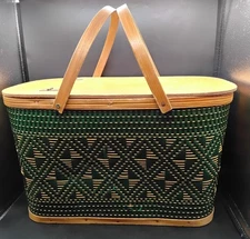 Vintage Hawkeye Woven Picnic Basket With Wooden Lid & Handles Green