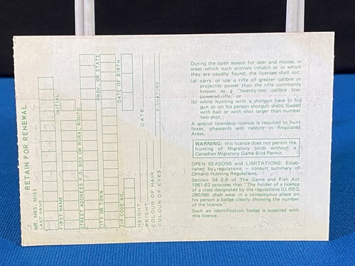 1969 Ontario Canada Nonresident VTG Hunting License Spring Valley WI Lt#23 - Picture 2 of 2