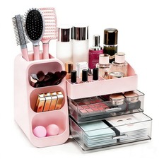 Pink Countertop Makeup Organizer Spacious Cosmetic Display Case Brush Holder