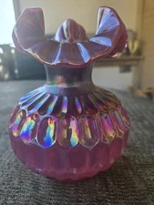 FENTON PLUM OPALESCENT 8" THUMBPRINT VASE w/RUFFLED CRIMPED TRI-CORNER TOP