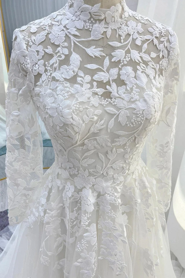 Muslim Spitze Korsage Brautkleid Hochzeitskleid Langarm Knöpfe n.Maß Ivory Weiß - Bild 4 von 4