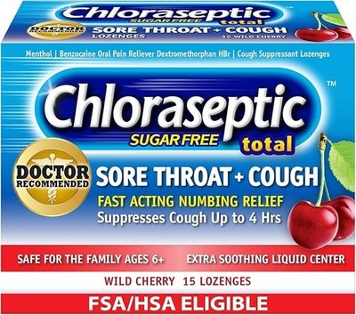 Chloraseptic Total Sore Throat + Cough Lozenges, Sugar-Free Wild Cherry, 15Count
