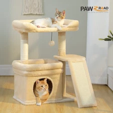 PAWZ Road Small Cat Tree Tower for Large Adult Cat with Wide Top Perch Condo Toy