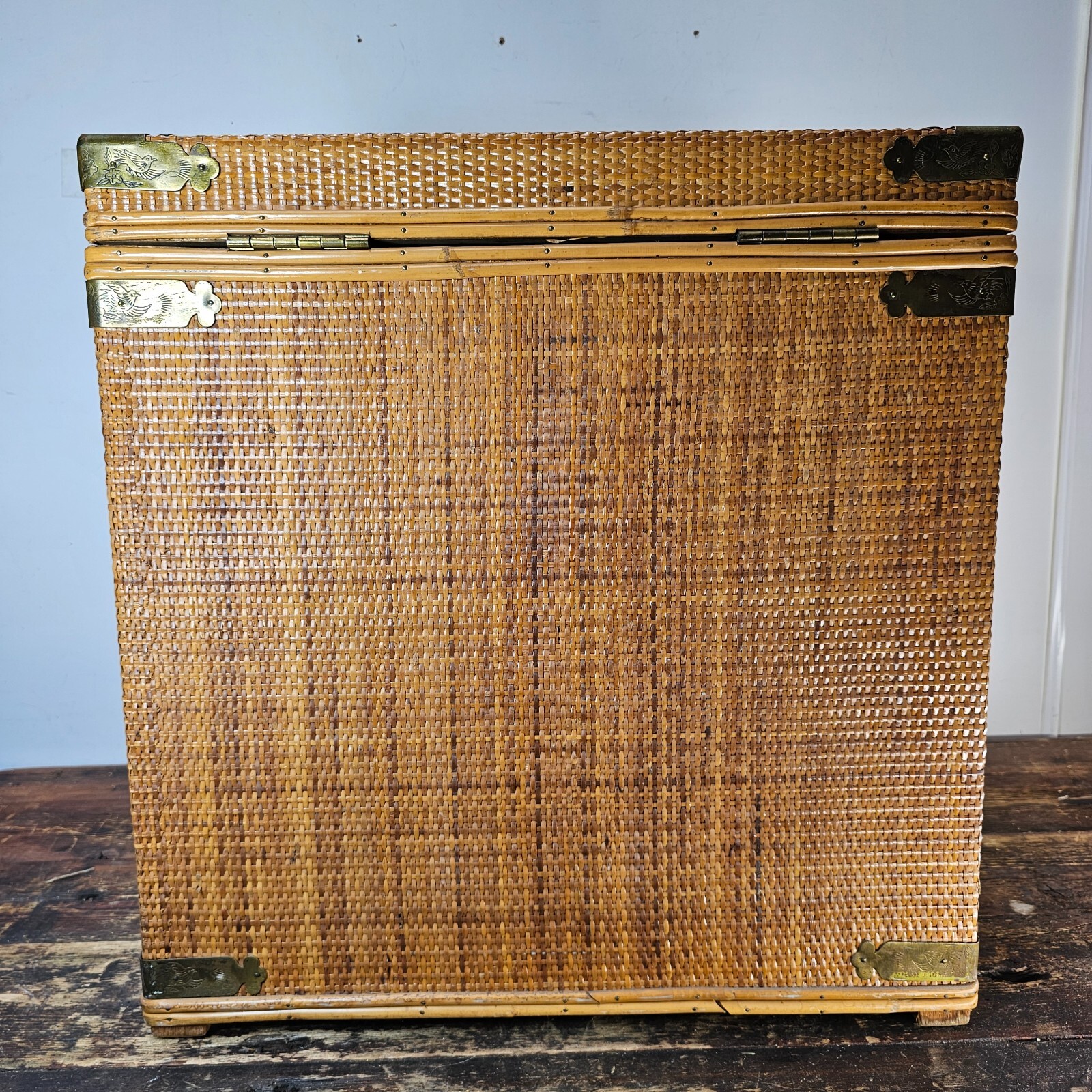 Vintage Wicker & Brass Chinoiserie Chest Trunk From Hong Kong 20"L x 20"W x 21"H