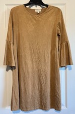 Simply Southern Women’s Charlotte Taupe Faux Suede Dress Bell Sleeves Small NWOT