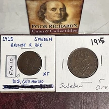 2 Old Swedes. Scarce Two Ore & 5 Ore Coins. Nice Condition! As Shown F1410