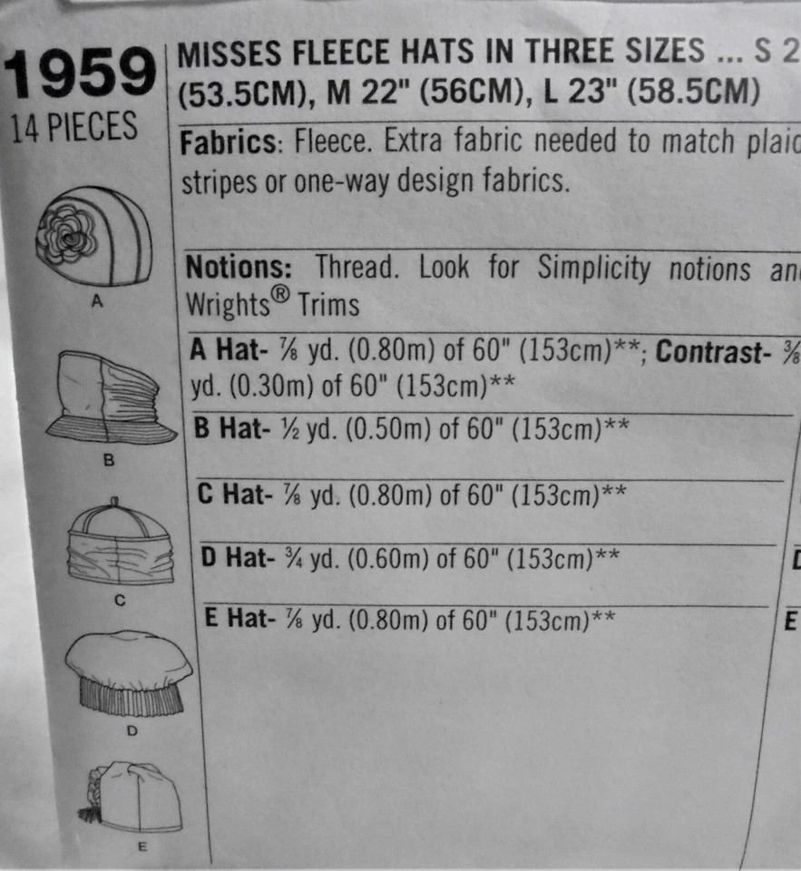 Simplicity 1959-Misses Assorted Fleece Hats-sizes S-M-L-Five Styles-New-FF-2011 - Image 2 of 2