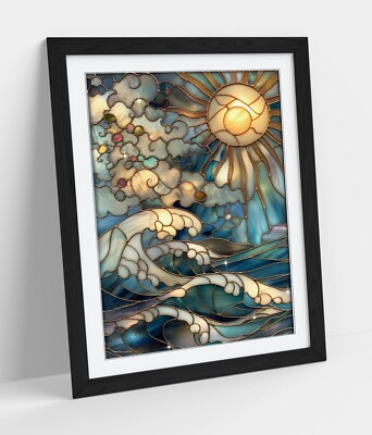 BUNTGLAS WELLEN UND SONNENSTRAHLEN - GERAHMTES WANDBILD POSTER PAPIERDRUCK