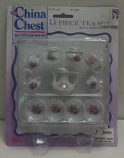 Vintage Miniature Tea Set 13 pc with Pink Bells NIP China Chest