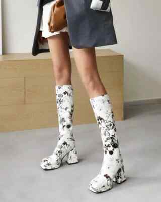 Stiefel Frau Up Knie Leder Kunststoff Platform 9.5 CM Blumenmuster CZ295
