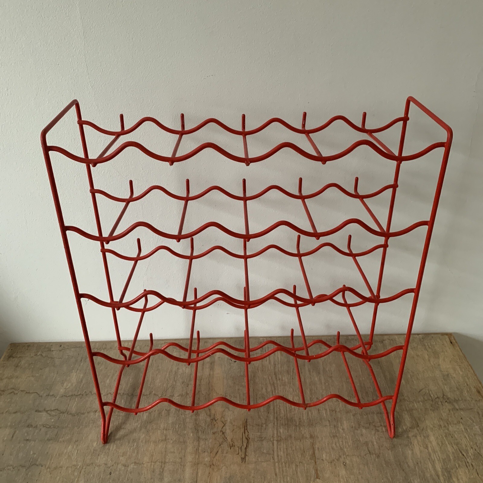Vintage Retro Wine Rack Red Plastic Coated Wire Free Standing Holds 25