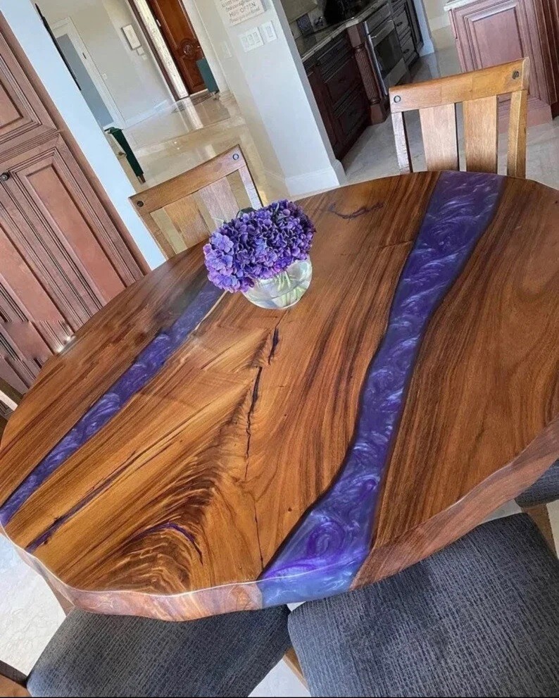 42 Inch Round Blue Epoxy Dining Table with Walnut Wood Base