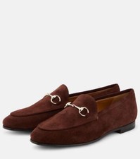 Gucci Jordaan Horsebit Bit Suede Slip On Loafers Flat Shoes Chocolate Brown 990