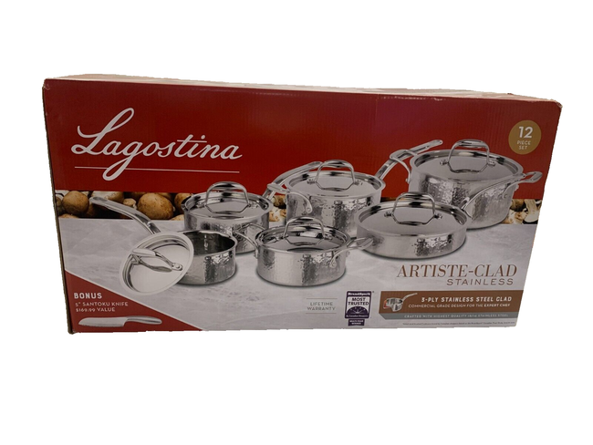 Lagostina Artiste-Clad Hand Hammered 12 Piece Cookware Set w/bonus Santoku Knife
