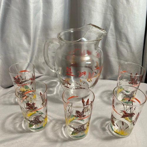 Vintage Federal Glass Mid Century Duck Hunting Outdoors Pitcher w/ 5 Glasses