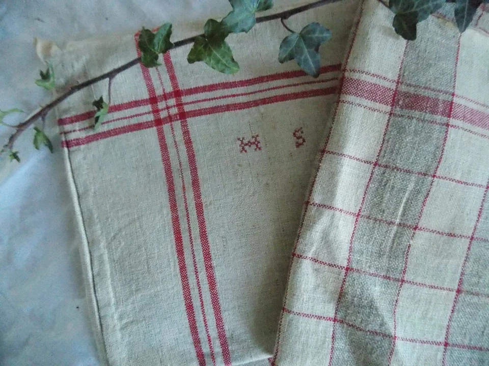 3 ANCIENS TORCHONS RAYURES ROUGES LETTRES BRODEES HS LIN COTON  - Photo 3/4