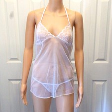 2pc White Mesh Lace Lingerie Lightweight Chemise And Thong Panty Set Size S