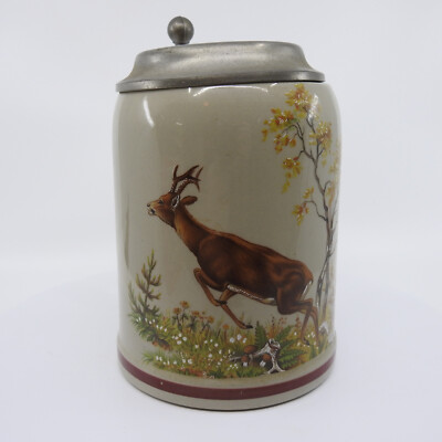 Erbo Zinn Lidded Beer Mug Stein Western Germany Original King Deer Buck Pewter