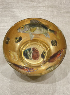 Scott Potter Fish And Shells In Gold And Green Small Bowl 5in Across SIGNED