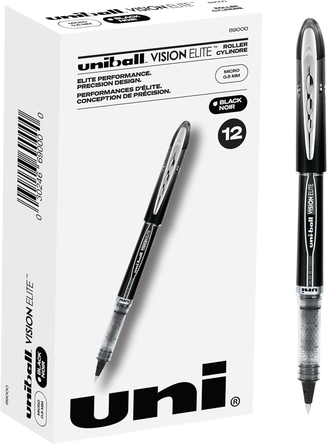 Uniball Vision Elite Rollerball Pens, Black Pens, Micro Japanese Pens with 0.5mm