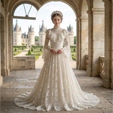 Vintage A-Line Lace Wedding Dresses High Neck Long Flare Sleeve Victorian Gowns