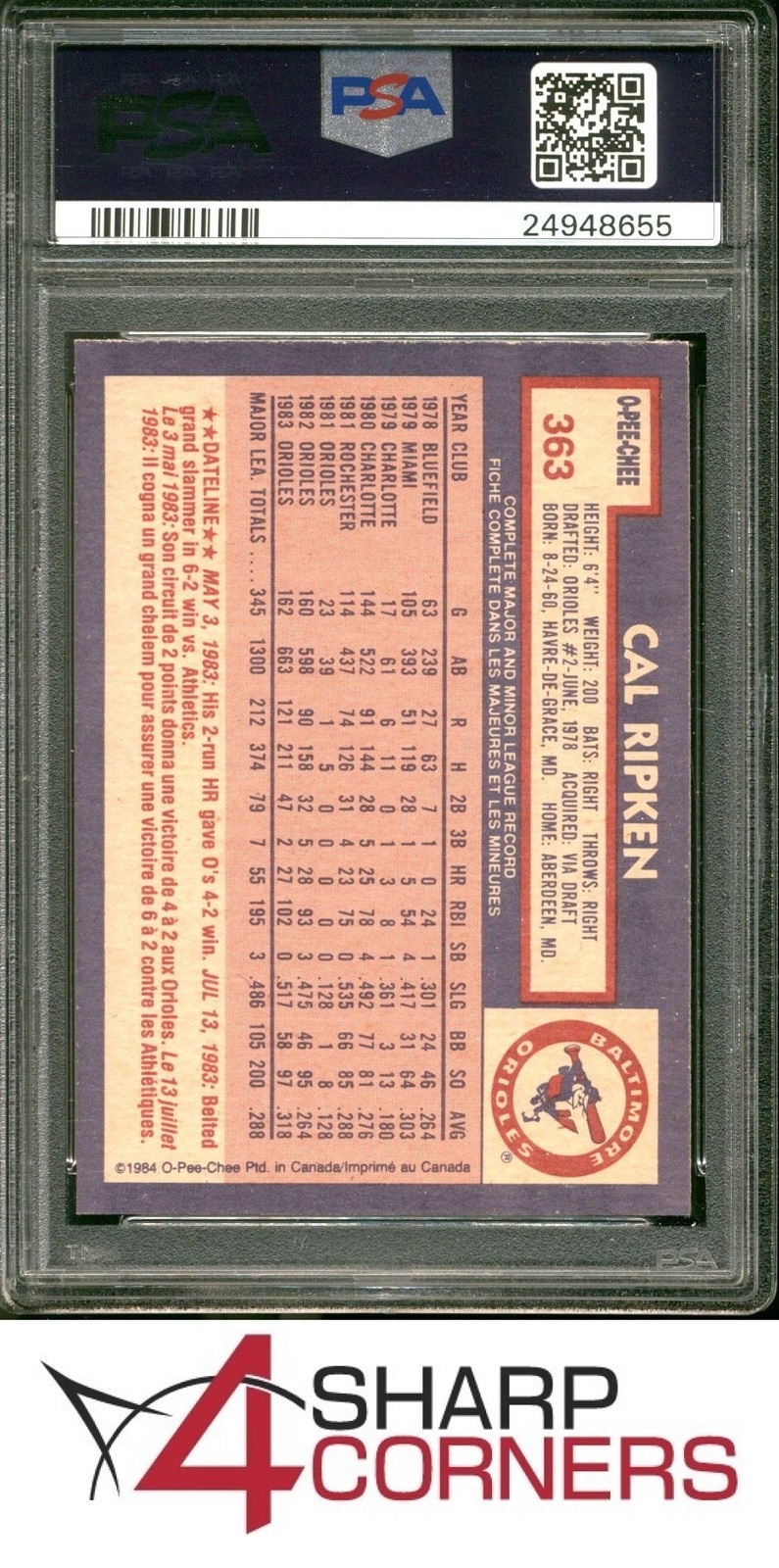 1984 O-PEE-CHEE #363 CAL RIPKEN JR. ORIOLES HOF PSA 10 view 2