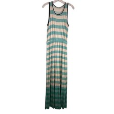 LOFT Striped Sleeveless Maxi Dress Teal Cream Elastic Waist Size Small