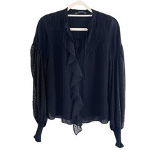ZARA Ruffle Swiss Dot Sheer Balloon Sleeve Blouse Black Size Small 0632C