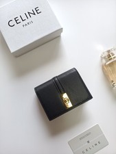 CELINE Triomphe Black Leather Flap Card Holder Wallet Gold Hardware